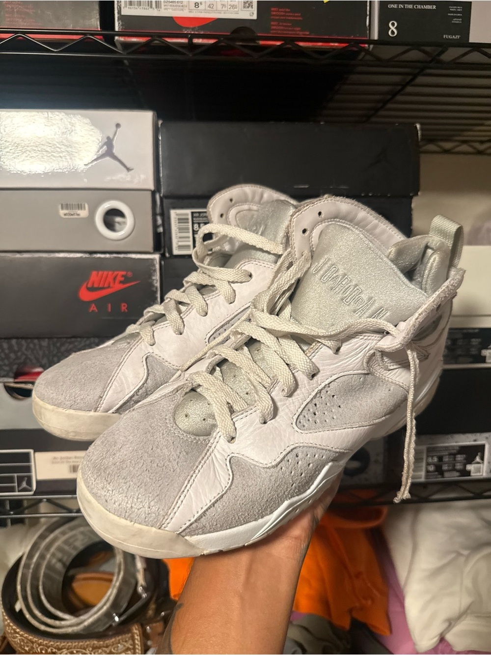 Air Jordan 7 Kids High-Top Sneakers in White and Light Gray Neutral Grey